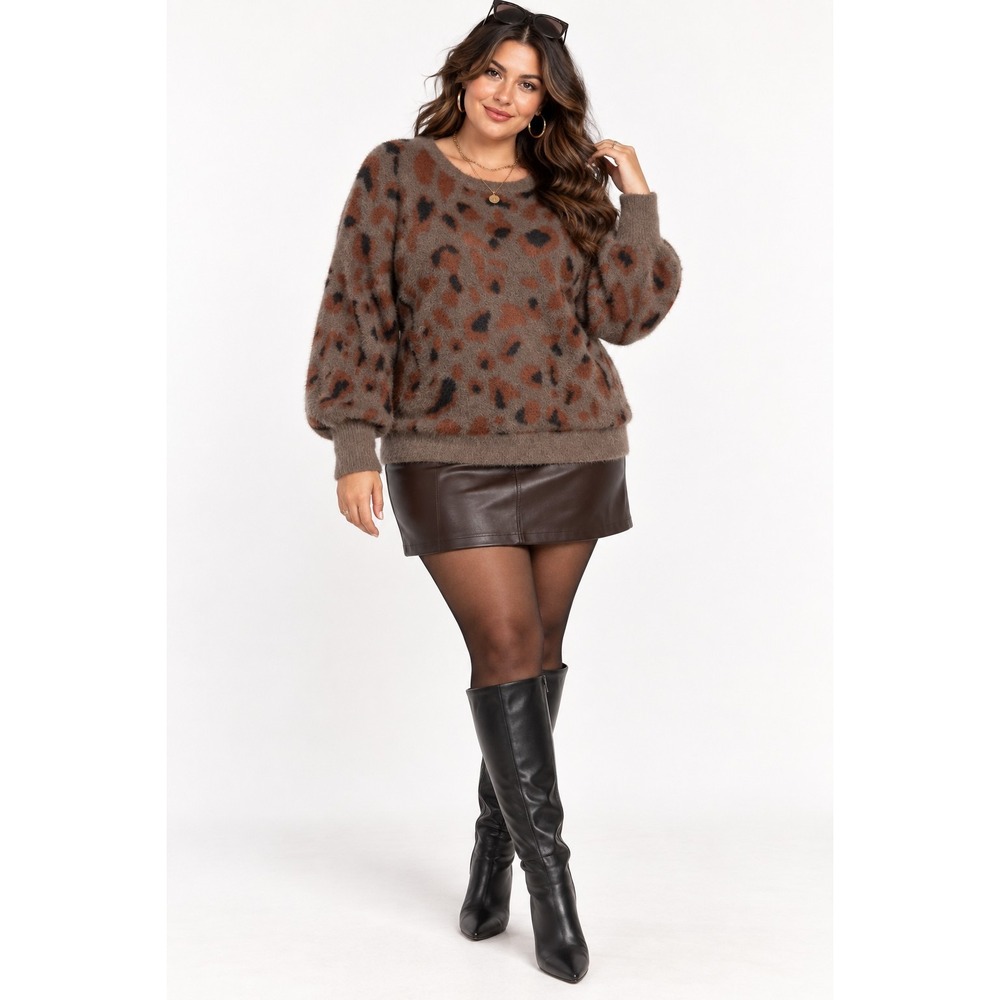Fuzzy Leopard Print Sweater Womens XL Balloon Sleeve Animal Print Soft Pullover